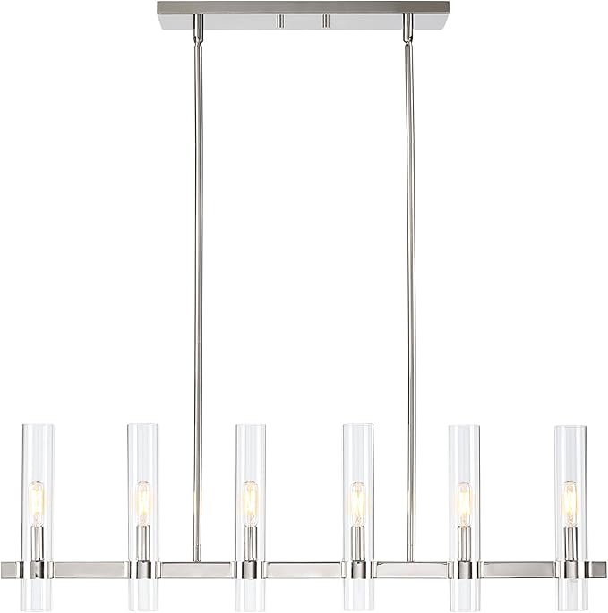 Untrammelife Polished Nickel Linear 6-Light Chandelier with Glass Shades, 36-inch Adjustable Height Modern Pendant Lighting for Kitchen Island & Dining Room, Dimmable Indoor Hanging Light Fixture