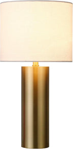 Henn&Hart 16'' Mid-Century Modern 1-Light Table Lamp with White Fabric Drum Shade for Living Room, Bedroom, or Office, Brass