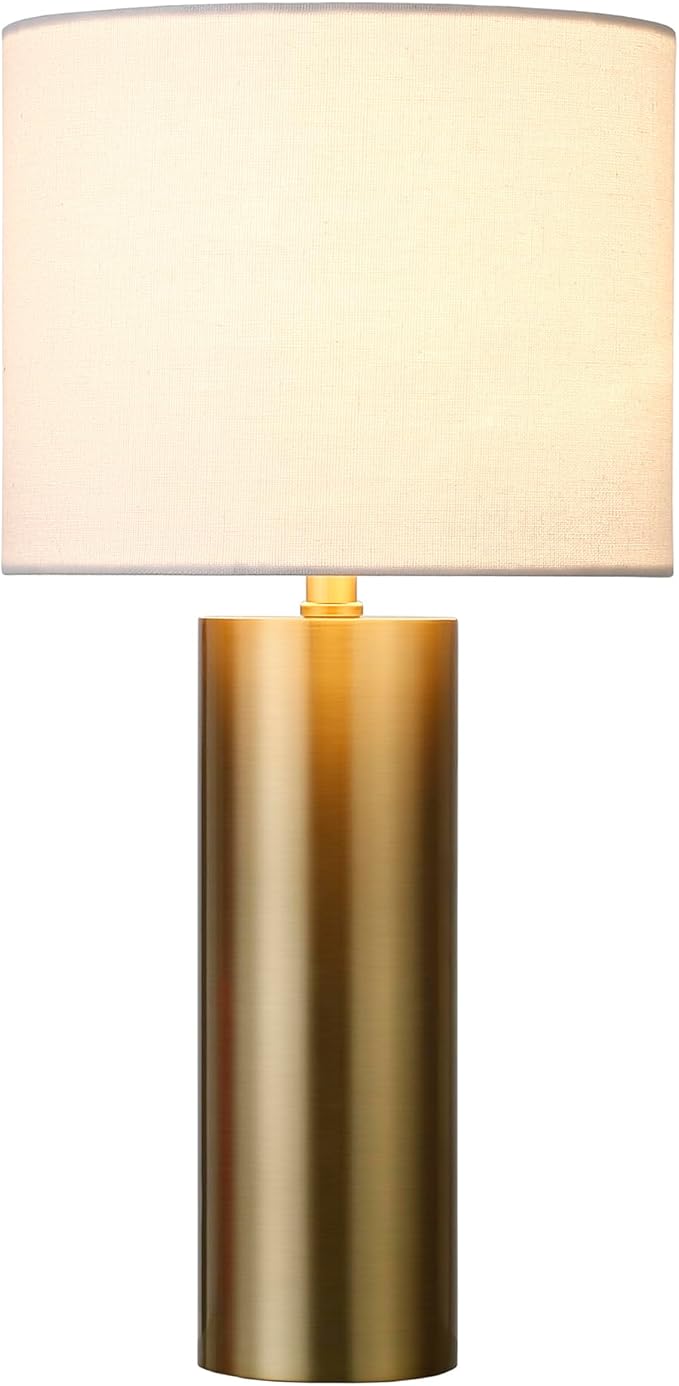 Henn&Hart 16'' Mid-Century Modern 1-Light Table Lamp with White Fabric Drum Shade for Living Room, Bedroom, or Office, Brass