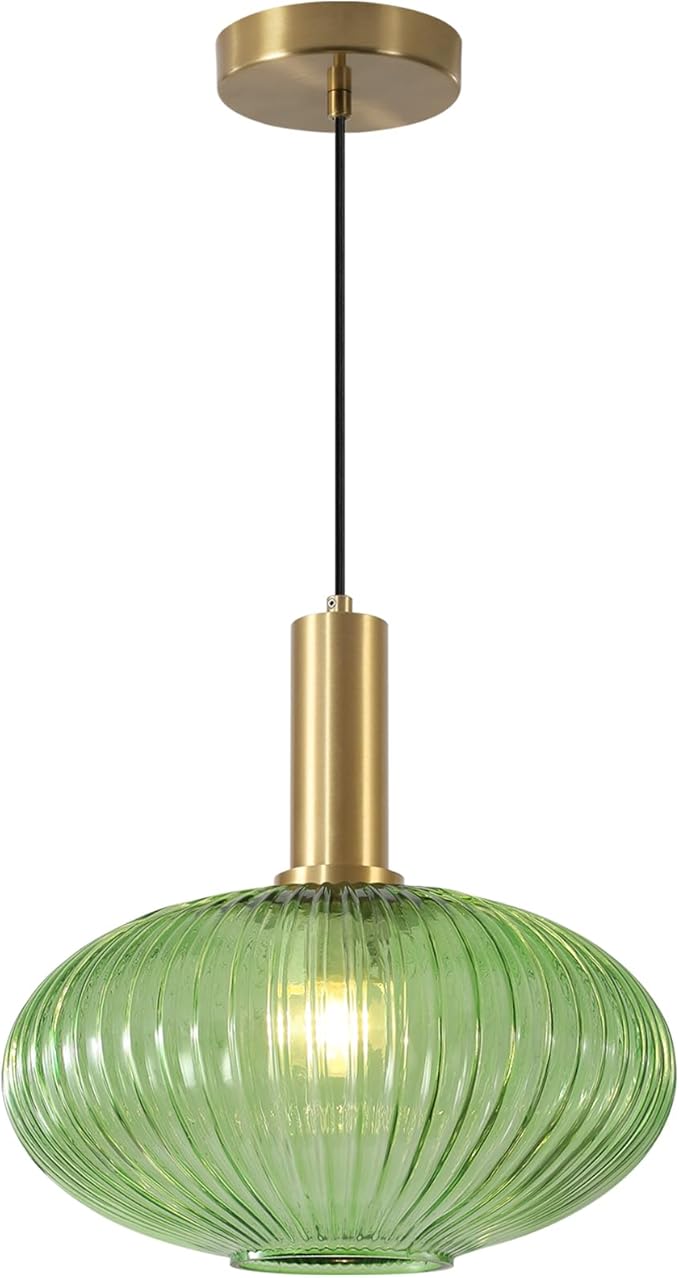 KCO Lighting Modern Gold Pendant Lights Kitchen Island Lighting Large Green Glass Globe Pendant Light Brass Dining Room Hanging Light Fixture Vintage Ribbed Ceiling Light