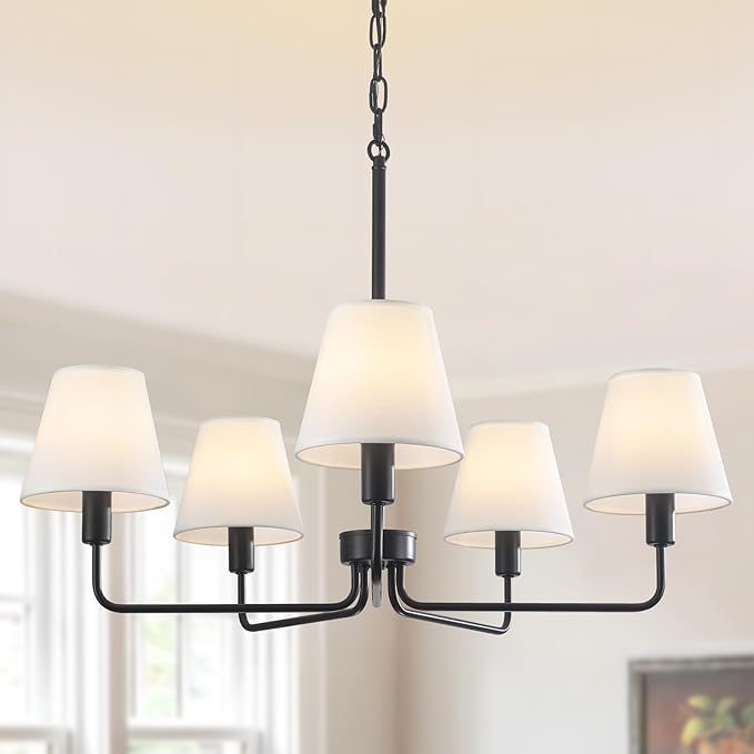 29.52" Black Farmhouse Chandelier with Fabric Shade, 5-Arm Vintage Modern Dining Room Light Fixture, Kitchen Island Pendant Hanging Foyer Light Fixture for Entryway Hallway Living Room Over Table