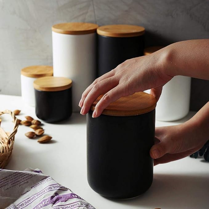 Ceramic Food Storage Jar Canister Modern Design Food Canisters with Airtight Seal Bamboo Lid, Loose Tea Coffee Spice Nuts Snacks Storage Jar Canister (White 33.81oz/1000ml)
