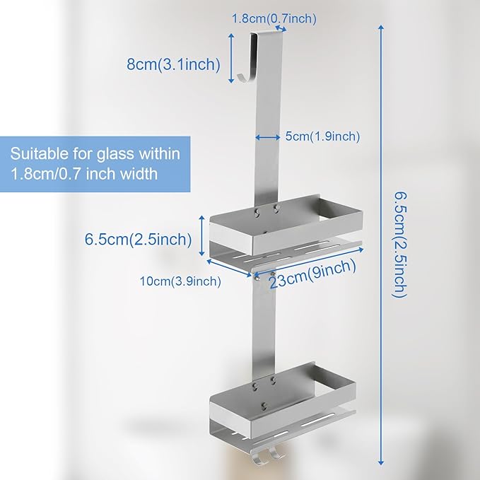 2-Tier Shower Caddy Over Shower Door - Shower Caddy Hanging Rack Organizer No Drilling, Brushed Nickel Stainless Steel Shower Shelf for Bathroom