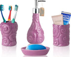 Comfify Designer 4 Piece Bathroom Accessories Set - with Soap or Lotion Dispenser, Toothbrush Holder, Tumbler and Soap Dish - Glossy Finish - Purple