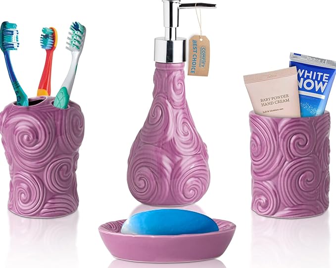 Comfify Designer 4 Piece Bathroom Accessories Set - with Soap or Lotion Dispenser, Toothbrush Holder, Tumbler and Soap Dish - Glossy Finish - Purple