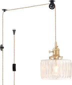 Plug in Pendant Light Hanging Light Fixture Corded On/Off Switch Brass Pendant Light with Clear Striped Glass Lampshade for Bedroom Living Room Kitchen Island