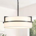 19.7" Black Drum Chandelier,5-Lights Large Drum Pendant Light with White Linen Shade Round Modern Chandeliers for Dining Room Bedroom Kitchen Island Over Table Hanging Ceiling Light Fixtures