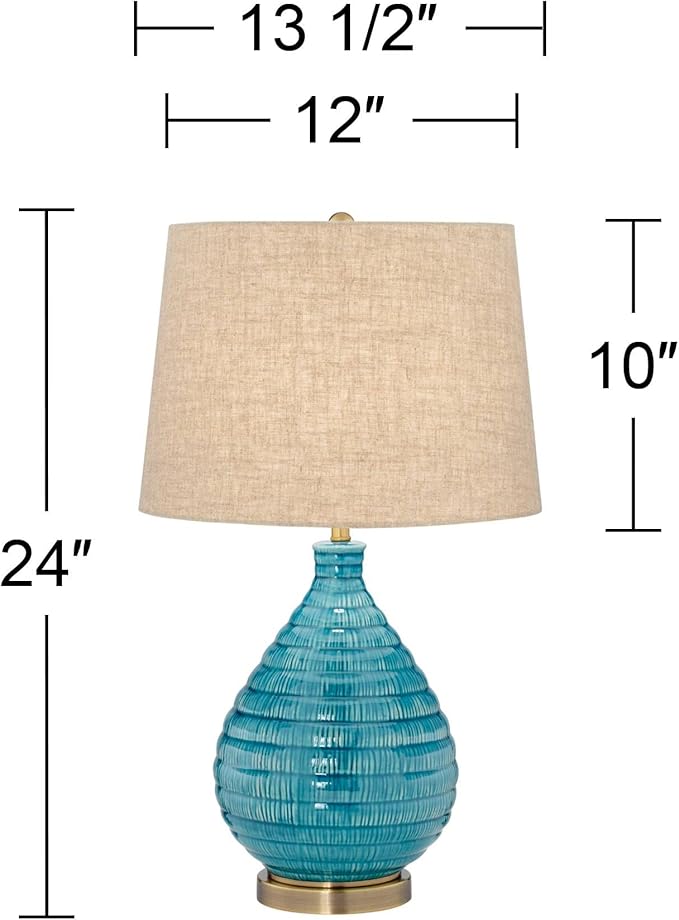 360 Lighting Kayley 24" High Small Mid Century Modern Coastal Table Lamps Set of 2 Blue Ceramic Linen Shade Living Room Bedroom Bedside Nightstand House Office Home Reading Kitchen Entryway Console
