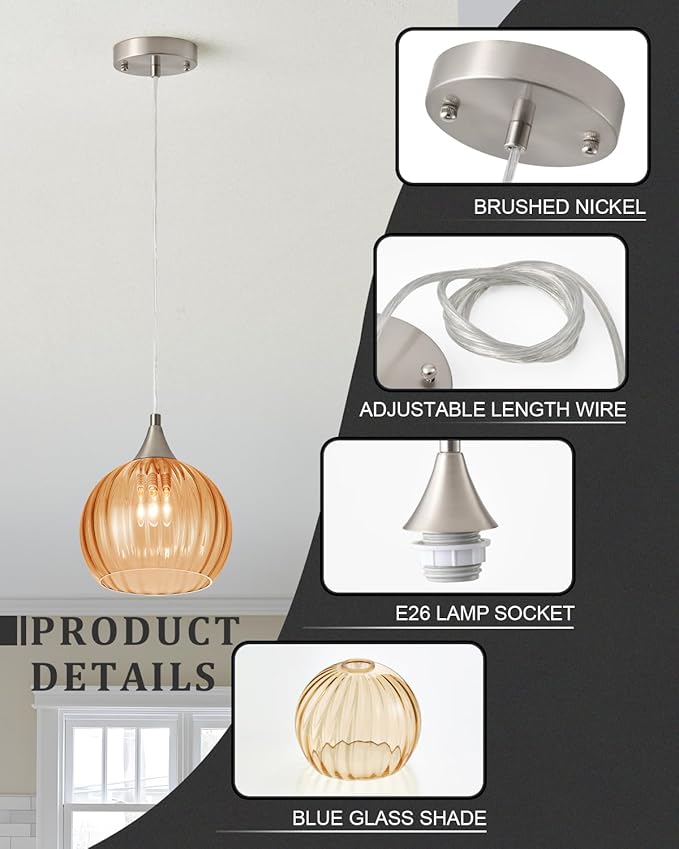 Brushed Nickel Pendant Lights Kitchen Island, Globe Pendant Light Fixtures with 8 Inch Clear Glass Shade, Modern Hanging Light Fixtures for Kitchen, Bedroom (2 Pack - Amber Glass Pendant Light)