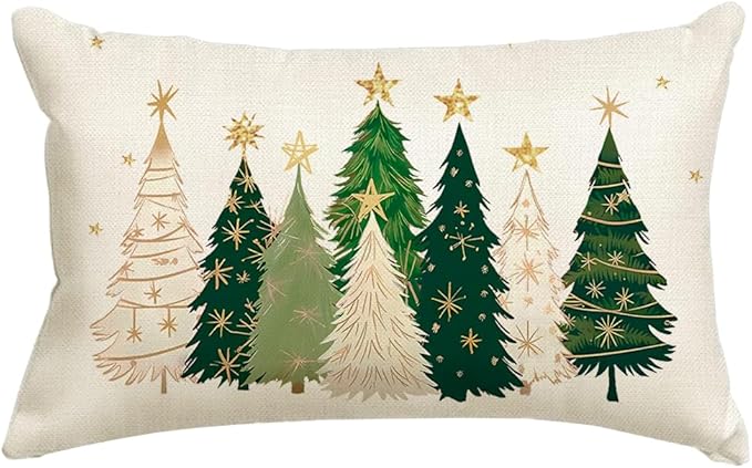 RABUSOFA Christmas Tree Pillow Covers 12x20 Inch,Watercolor Xmas Decor Stars Winter Holiday Lumbar Cushion Case Decoration for Home Sofa Couch(White, 20" x 12" (Pack of 1))