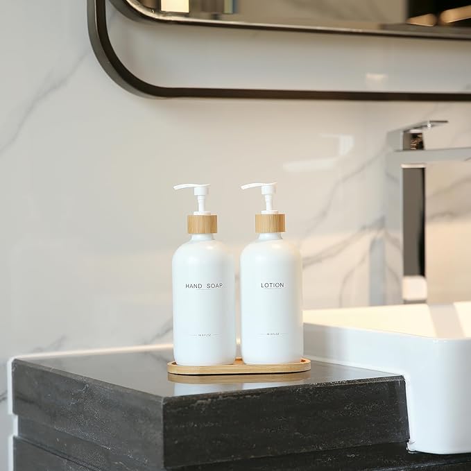Bathroom Soap Dispenser Set, Bamboo Pumps & Tray, Lotion Dispenser, and Hand Soap Dispenser Bathroom Counter Decor. (White)