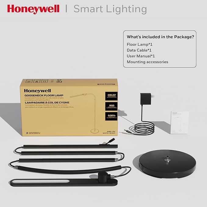 Honeywell LED Floor Lamp, F4 Sunturalux™ Gooseneck Floor Lamps for Living Room, Super Bright Stepless Dimmable Tall Standing Lamp, Modern Eye-Caring Reading Floor Lamp for Bedroom Office Study