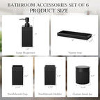 6-Piece Black Bathroom Set - Sleek Resin Organizer with Soap Dispenser, Toothbrush Holder, Vanity Tray, Tumbler & Apothecary Jars for Small Spaces