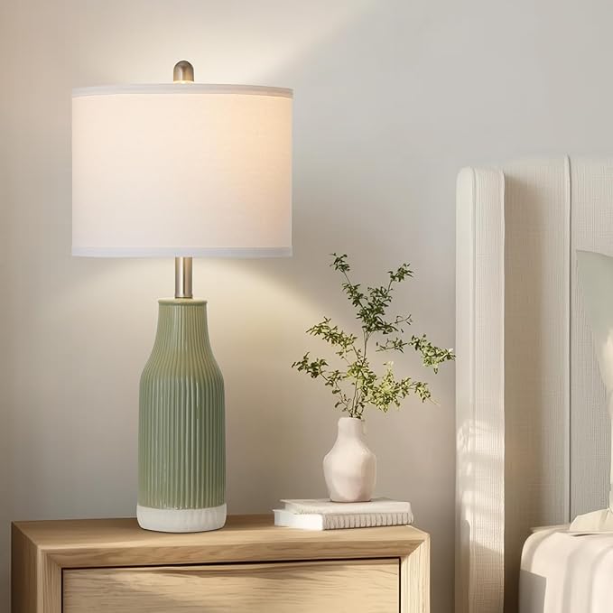 24.5″ Ceramic Table Lamps Set of 2, Modern Farmhouse Bedside Lamps for Bedroom Nightstand, Small Light Green Lamp for Living Room End Table (2 LED Bulbs Included)