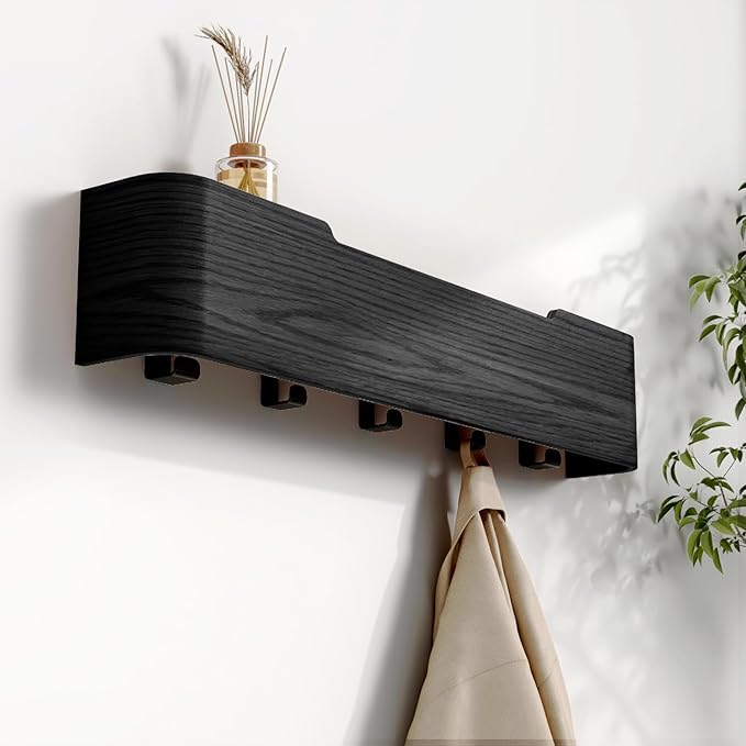 Coat Hooks Wall Mount with Shelf, 5 Hidden Hooks, 20.75 Inch Entryway Organizer for Coats, Hats, Bags, Keys, Decorative Wall Hooks (Black, 5 Hooks)