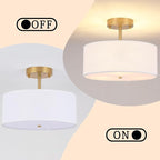 3-Light Semi Flush Mount Ceiling Light Modern Gold Drum Light Fixtures with White Fabric Cover Shade Round Chandelier for Bedroom Living Room Kitchen and Hallway