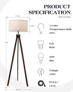 ELYONA Wood Tripod Floor Lamp for Bedroom, 3 Color Temperatures & Linen Shade, Modern Reading Standing Lamp with 9W LED Bulb, Mid Century Night Light for Farmhouse, Living Room, Office, Walnut