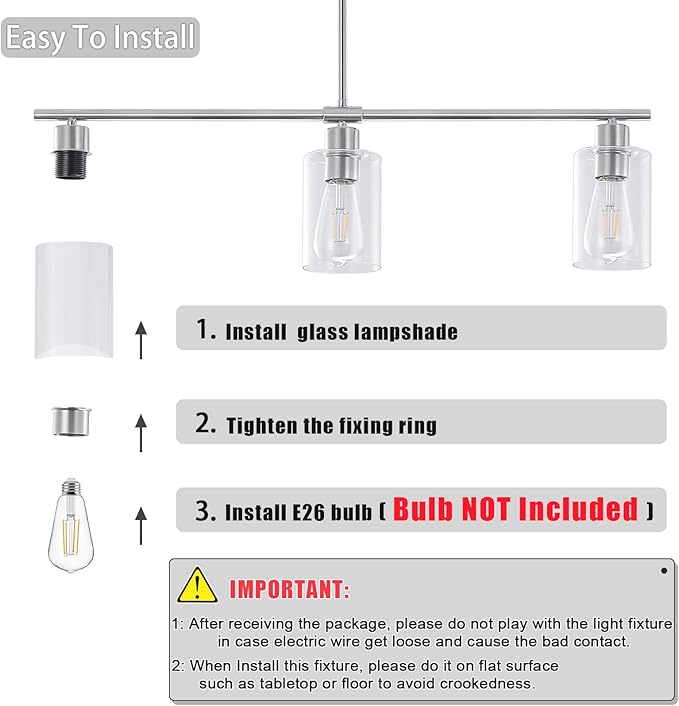 3 Lights Kitchen Island Lighting Brushed Nickel Pendant Light Fixtures with Glass Shade 31" Dining Room Chandeliers Adjustable Height Modern Linear Ceiling Hanging Light for Living Room, Foyer