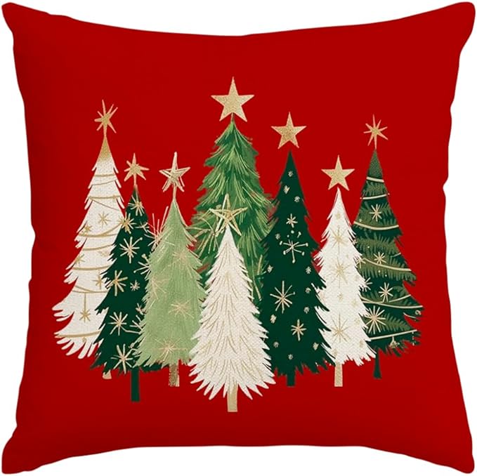 RABUSOFA Christmas Tree Pillow Covers 20x20 Inch,Watercolor Xmas Winter Decor Stars Red Holiday Cushion Case Decoration for Home Sofa Couch (Red, 20" x 20" (Pack of 1))