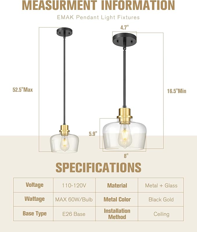 Emak 8 Inch Modern Pendant Lights Kitchen Island, Farmhouse Black and Gold Pendant Light Fixtures with Clear Glass Shade for Kitchen, Bedroom, Dining Room, PL122-BKBGD-CG