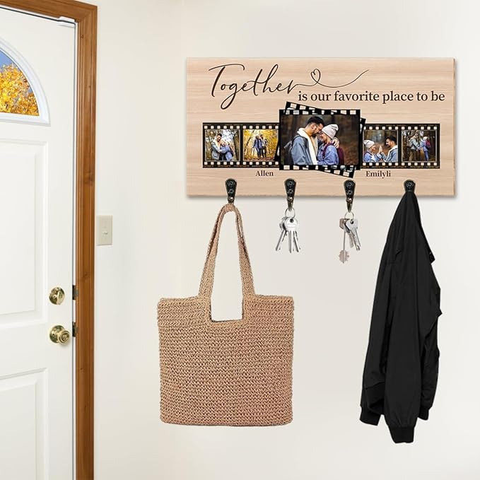 Personalized Family Photo Key Holder Custom Photos Wall Mount Wooden Key Hanger with Family Name Keychain Organizer Hanger for Wall Entryway Home Decor Housewarming Gifts for Birthday,02