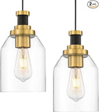 zeyu Glass Pendant Lights Kitchen Island 2 Pack, Modern Hanging Light for Kitchen Sink Dining Room, Clear Glass Shade, Black and Gold Finish, ZG33M1L-2L BK+BG