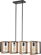 Dining Room Light Fixture Farmhouse Pendant Lights Kitchen Island Rustic Kitchen Light Fixtures 4 Lights Wood and Black Metal Rectangular Chandelier Ceiling Hanging Lighting 35.4"