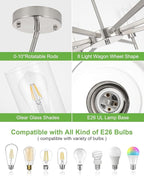 Brushed Nickel Chandeliers for Dining Room, Farmhouse Chandeliers Light Fixture with Clear Glass Shades 8 Light Dining Room Light Fixtures Pendant Lights for Kitchen Island Living Room