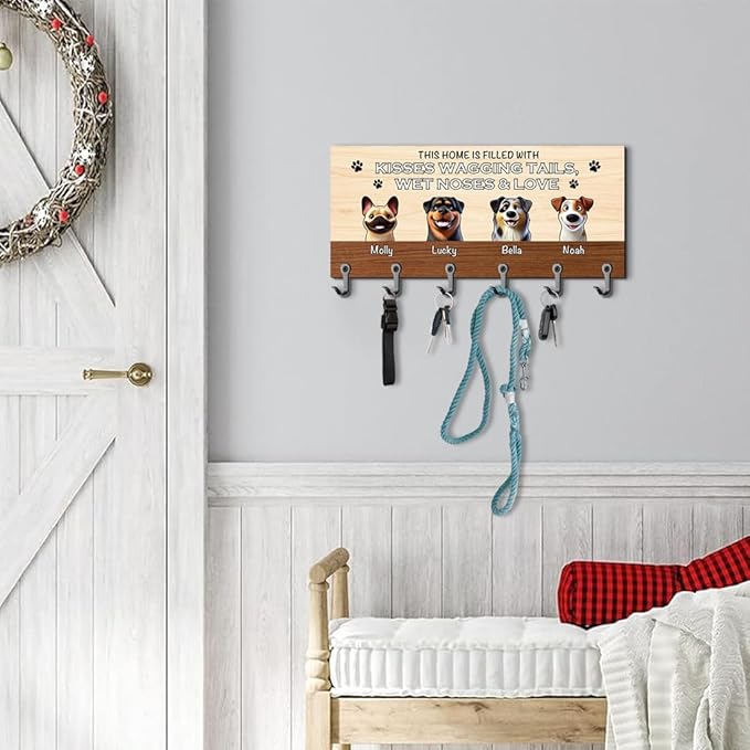 Personalized Dog Leash Key Holder Custom Name Portrait Dog Paw Family Key Hanger for Hallway Entryway Wall Mounted Pet Stuff Organizer Hanger Housewarming Home Decoration Gift for Pet Lovers