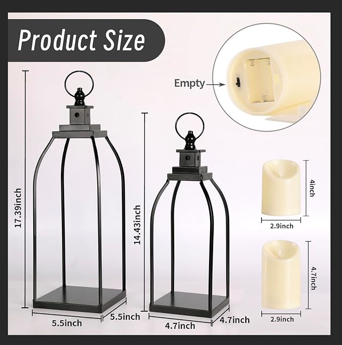 DARJEN Modern Farmhouse Lantern Decor Outdoor & Indoor- 17'' 14'' Black Metal Candle Lanterns for Christmas, Lanterns Decorative with 2 Flameless Candles for Porch,Patio,Home,Fireplace Mantle Decor
