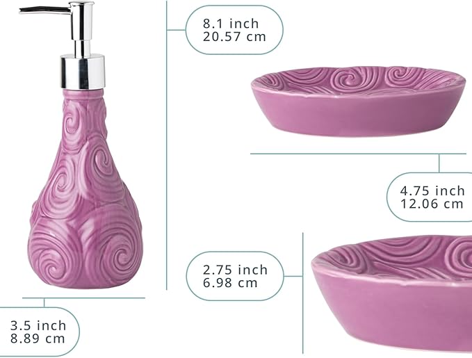 Comfify Designer 4 Piece Bathroom Accessories Set - with Soap or Lotion Dispenser, Toothbrush Holder, Tumbler and Soap Dish - Glossy Finish - Purple