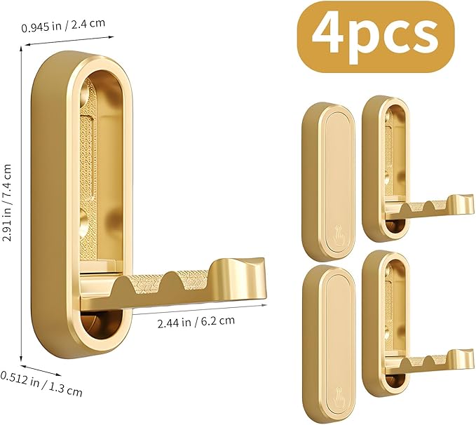 4Pcs Foldable Wall Hooks, Zinc Alloy Folding Hook Gold, Heavy Duty Folding Coat Hooks Wall Mounted for Hanging Coat Towels Bags Keys (Gold, 4 Pack)