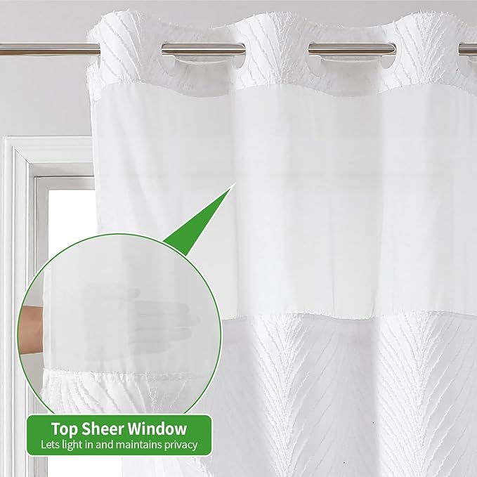 No Hook Shower Curtain and Liner Set,No Hook Tufted Striped Textured Shower Curtain with Snap in Liner Replacement and Waterproof Fabric,Boho Style with See Through Top Window,White,71Wx74H
