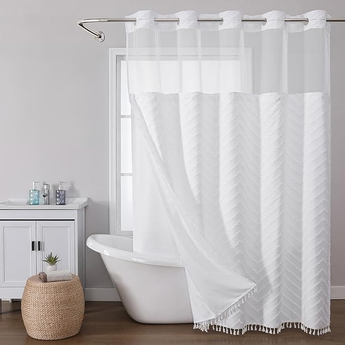 No Hook Shower Curtain Liner Set, Snap in Hookless Shower Curtain with Tassels, Ringless Chevron Tufted Fabric Boho Bathroom Curtains, Mesh Top Window Hotel Style Bath Curtains 74" x 71", White