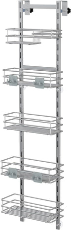 Orimade Over the Door Shower Caddy Adjustable 5 Tier Silver Grey,Bathroom Hanging Organizer Shelf Rustproof with 4 Hooks,Shower Basket with Soap Holder and Suction Cup