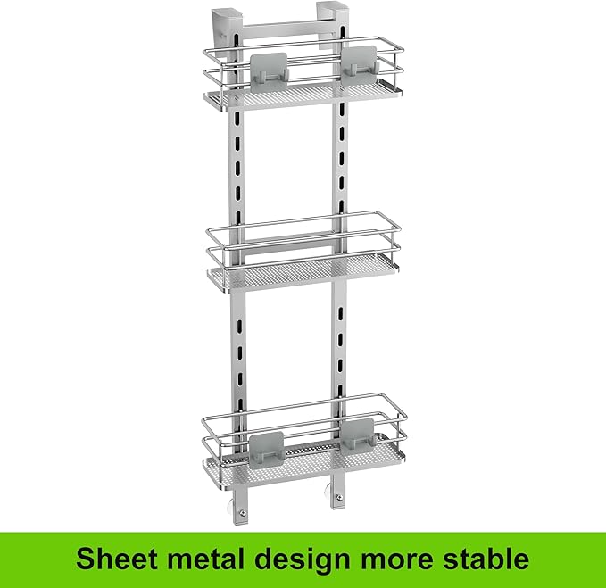 Orimade Adjustable Hanging Over the Shower Door Caddy with Hooks, Bathroom Organizer Shelf Storage Rack,No Drilling Rustproof Basket for Inside Shower, Sliver 3 Tier