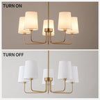 AMZASA Antique Brass Gold Chandelier with Shades, Electroplated Finish, 5 Light Modern Farmhouse Chandeliers with White Fabric Shade, Linear Island Chandelier Lights for Dining Room,Kitchen,Foyer
