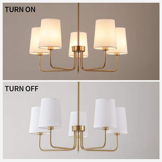 AMZASA Antique Brass Gold Chandelier with Shades, Electroplated Finish, 5 Light Modern Farmhouse Chandeliers with White Fabric Shade, Linear Island Chandelier Lights for Dining Room,Kitchen,Foyer