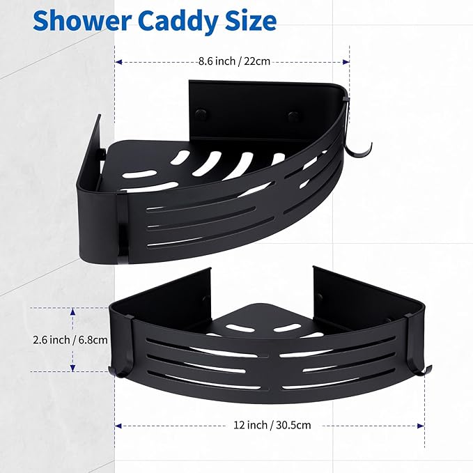 Shower Caddy Shelf Rack, Self Adhesive Shower Shelves with Hooks, Rustproof Bathroom Organizers and Storage, Home Decor Accessories (Triangle-Black)