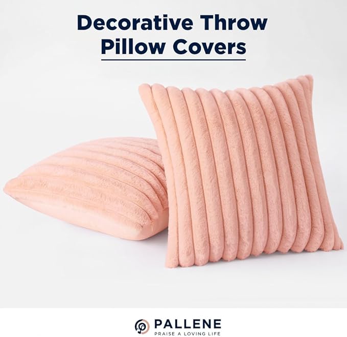 Pallene Faux Fur Plush Throw Pillow Covers 20x20 Set of 2, Luxury Soft Fluffy Striped Decorative Pillow Covers for Sofa, Couch, Living Room, Pink