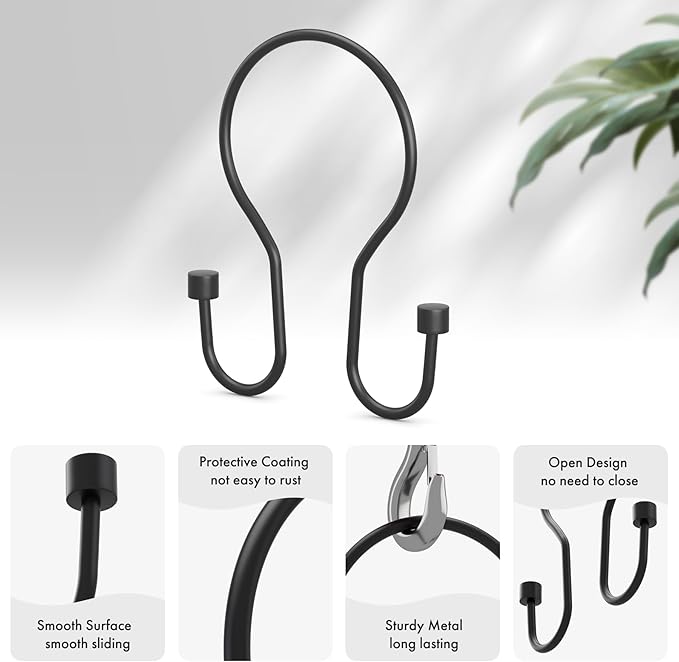 AmazerBath Shower Curtain Hooks Black Shower Curtain Rings with Cylindrical Design, Metal Shower Curtain Hooks Rust Proof, Smooth Glide Double Shower Hooks Rings for Shower Curtain