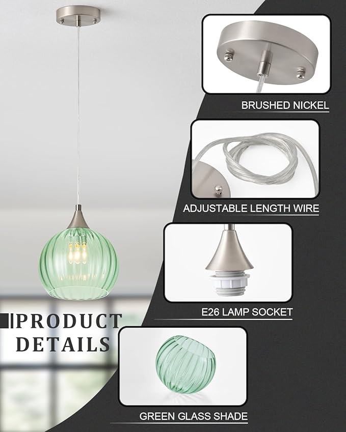 Brushed Nickel Pendant Lights Kitchen Island, Globe Pendant Light Fixtures with 8 Inch Clear Glass Shade, Modern Hanging Light Fixtures for Kitchen, Bedroom (2 Pack - Green Glass Pendant Light)