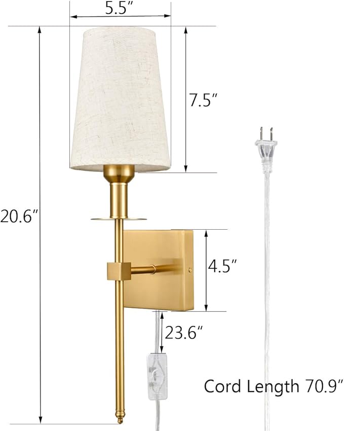 Gold Wall Sconces Set of Two Plug in Sconce Light Modern Brass Sconces Wall Lighting with Fabric Shade Wall Lamps for Bedroom Hallway Bathroom Living Room