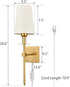 Gold Wall Sconces Set of Two Plug in Sconce Light Modern Brass Sconces Wall Lighting with Fabric Shade Wall Lamps for Bedroom Hallway Bathroom Living Room
