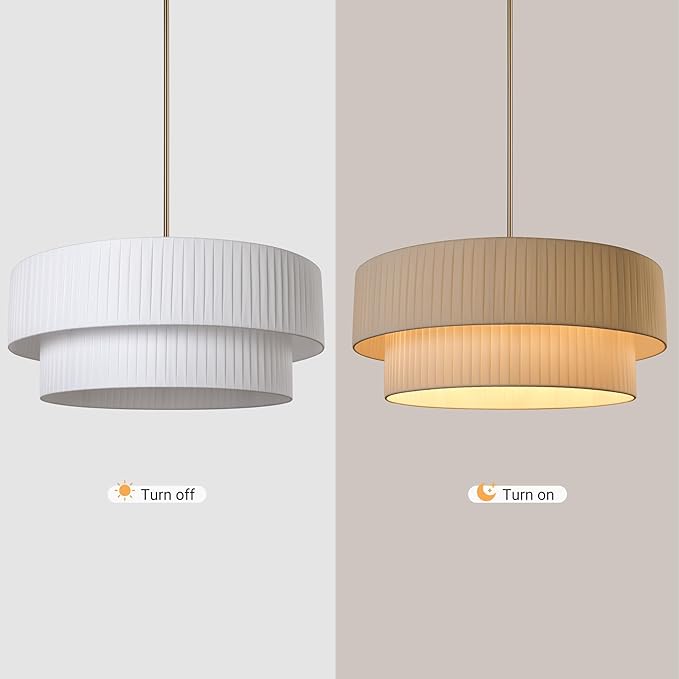 LamQee Large Modern Fabric Chandelier, 2-Layer 23.6inch Drum Light Fixture Gold Haning Ceiling Pendant Light with Adjustable Height for Dining Room Living Room Bedroom Kitchen Island