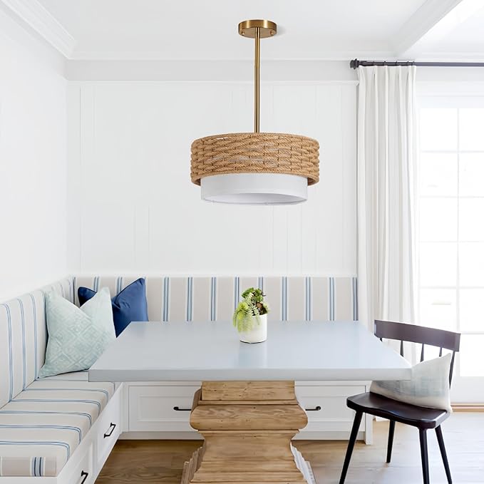 15in Boho Coastal Pendant Lights, 15in Woven Rattan Lighting Fixture, 2-Tier Rope Chandelier with Fabric Shade for Kitchen Island, Living Room, Dining Room, Bedroom, Restaurant