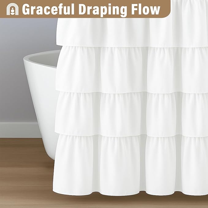 Seasonwood White Ruffle Shower Curtain Farmhouse Vintage Handcrafted Rustic Decorative Fabric Shower Curtains for Bathroom, 72" x 72"