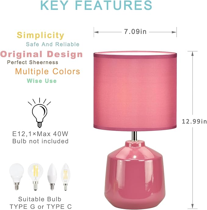 Lampwell Lena Small Modern Ceramic Bedside Table Lamp, 7.09H12.99IN, Purple, Bulb Excluded