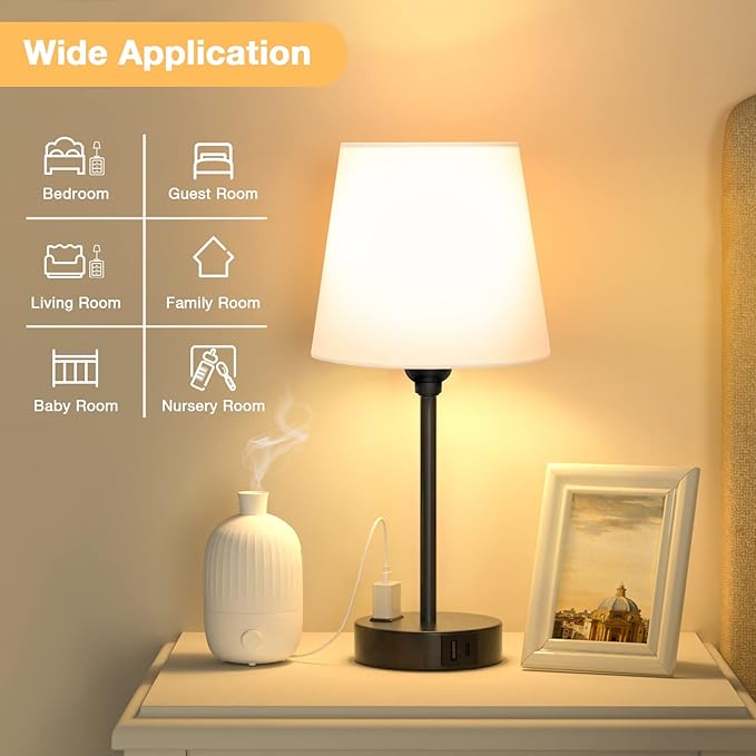 White Bedside Lamps for bedrooms Set of 2 - Nightstand Bedroom Lamp with USB C Port and AC Outlet Charging, 3 Way Dimmable Touch Control Small White Bed Side Table Lamp, Nightstand Light for Kids