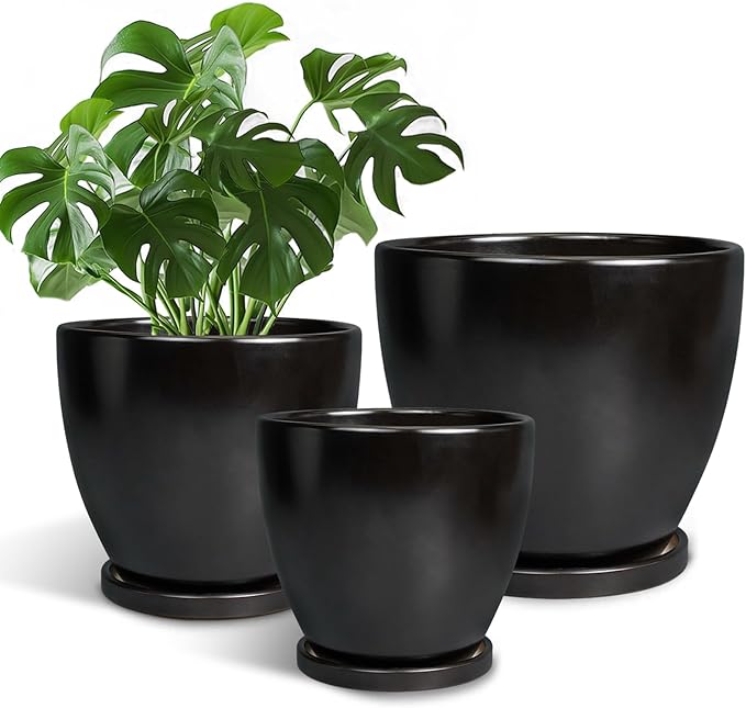Ceramic Plant Pots - 10+8+6 Inch Modern Round Planters for Indoor Outdoor with Drainage Holes and Plant Saucers, Room Patio House Office Decor, Gardening Gifts for Women Men, Set of 3, Black